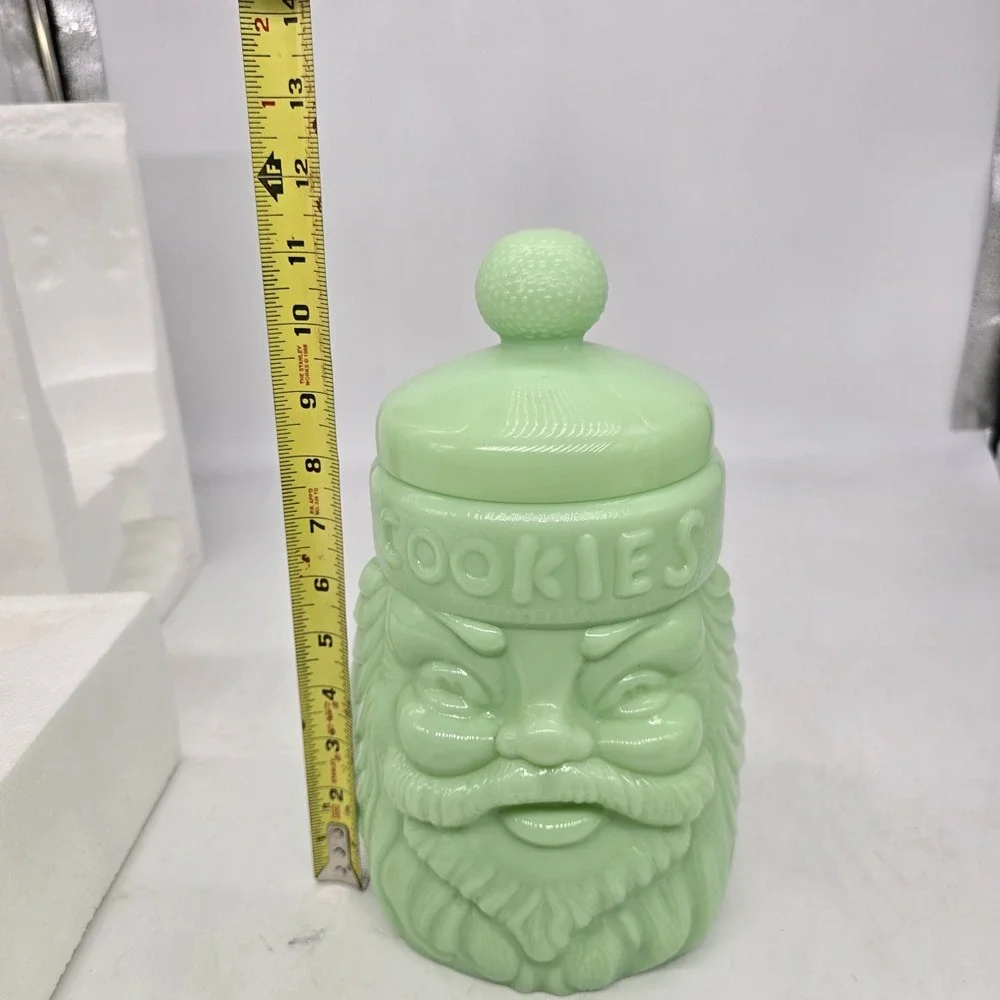 Vintage Cracker Barrel Jade Santa Cookie Jar Glass 11